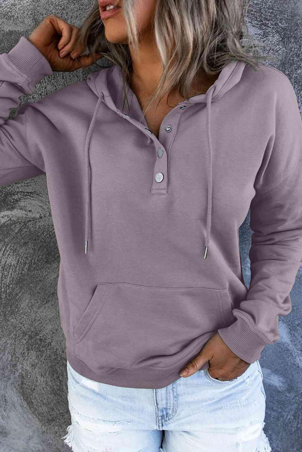 Dropped Shoulder Long Sleeve Hoodie with Pocket - Immenzive