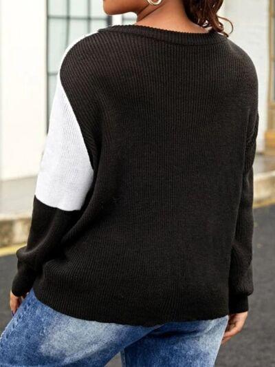 Plus Size Color Block Round Neck Sweater - Immenzive