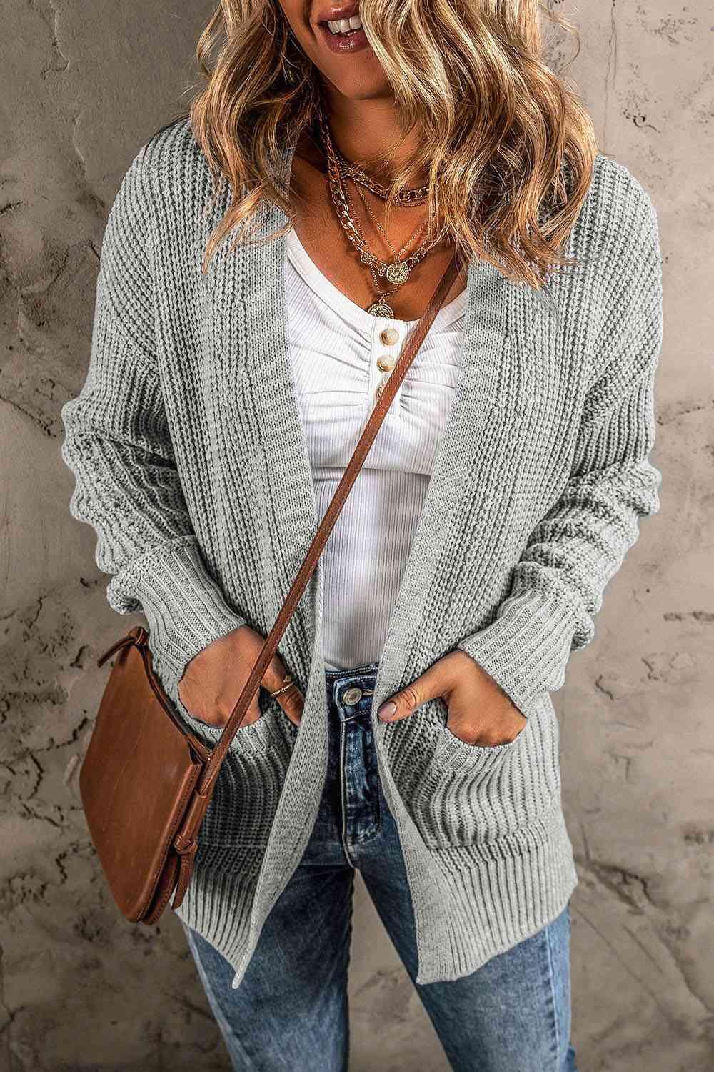 Open Front Long Sleeve Cardigan with Pockets - Immenzive