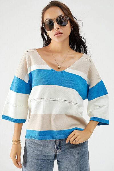 Color Block V-Neck Dropped Shoulder Sweater - Immenzive