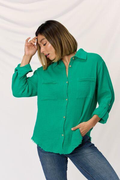 Zenana Texture Button Up Raw Hem Long Sleeve Shirt - Immenzive
