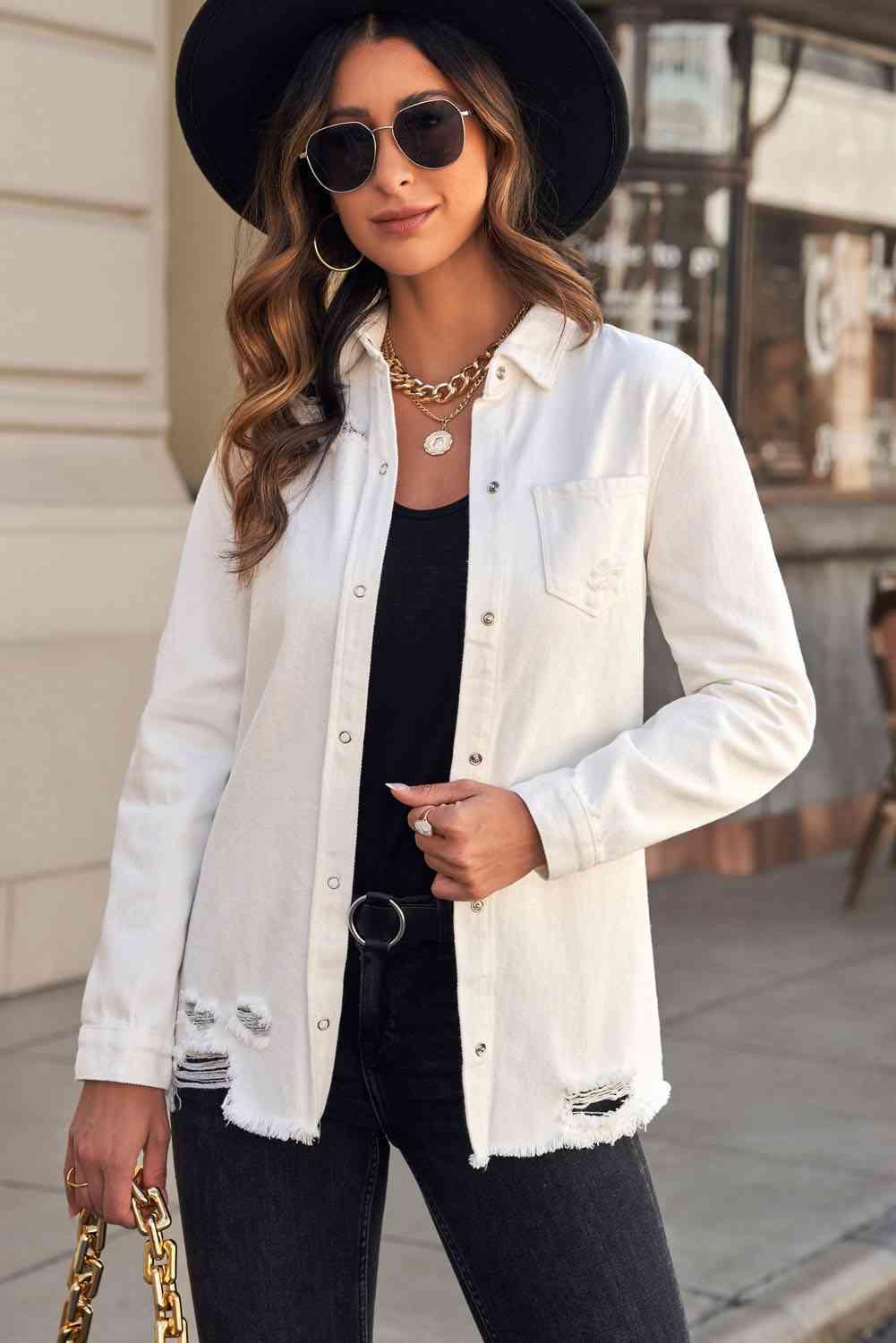 Distressed Snap Down Denim Jacket - Immenzive