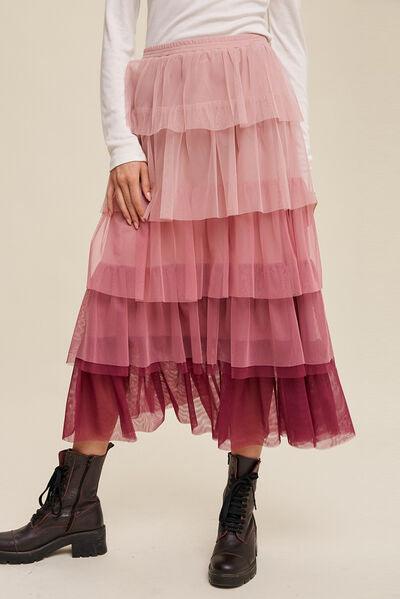 Elastic Waist Layered Tulle Midi Skirt - Immenzive