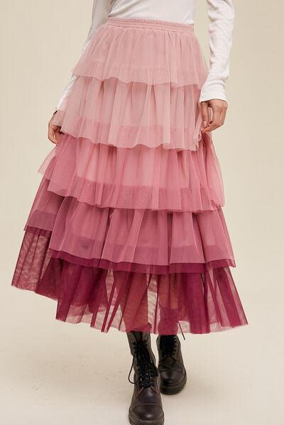 Elastic Waist Layered Tulle Midi Skirt - Immenzive