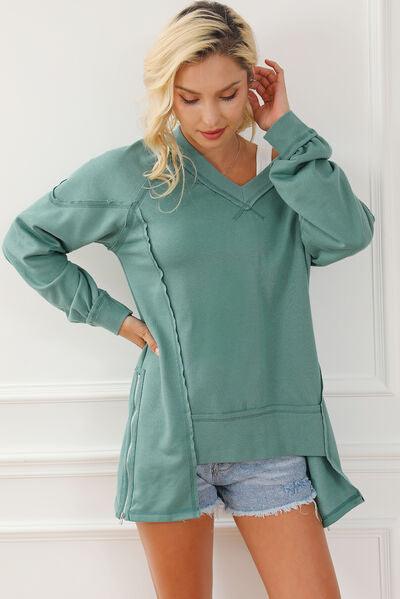 Exposed Seam V-Neck Zip Detail Sweatshirt - Immenzive