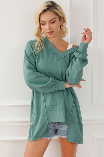 Exposed Seam V-Neck Zip Detail Sweatshirt - Immenzive