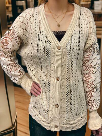 Eyelet Button Up Lantern Sleeve Cardigan - Immenzive