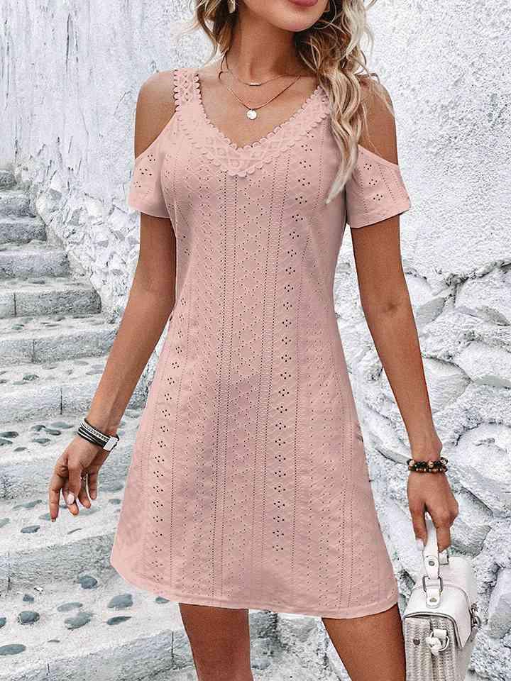 Eyelet V-Neck Cold-Shoulder Dress - Immenzive