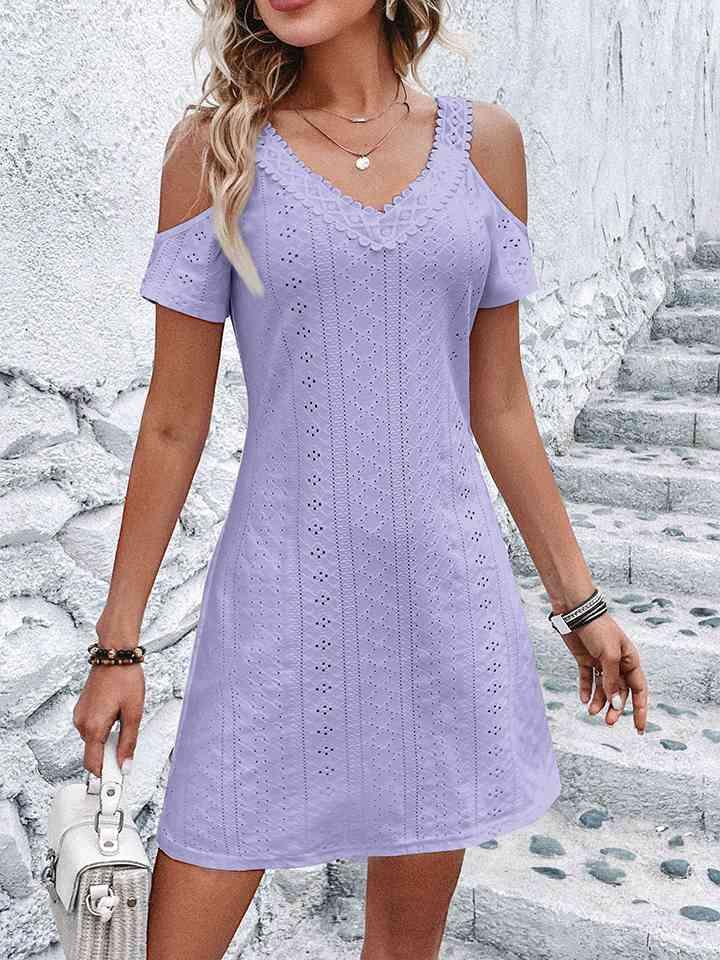 Eyelet V-Neck Cold-Shoulder Dress - Immenzive