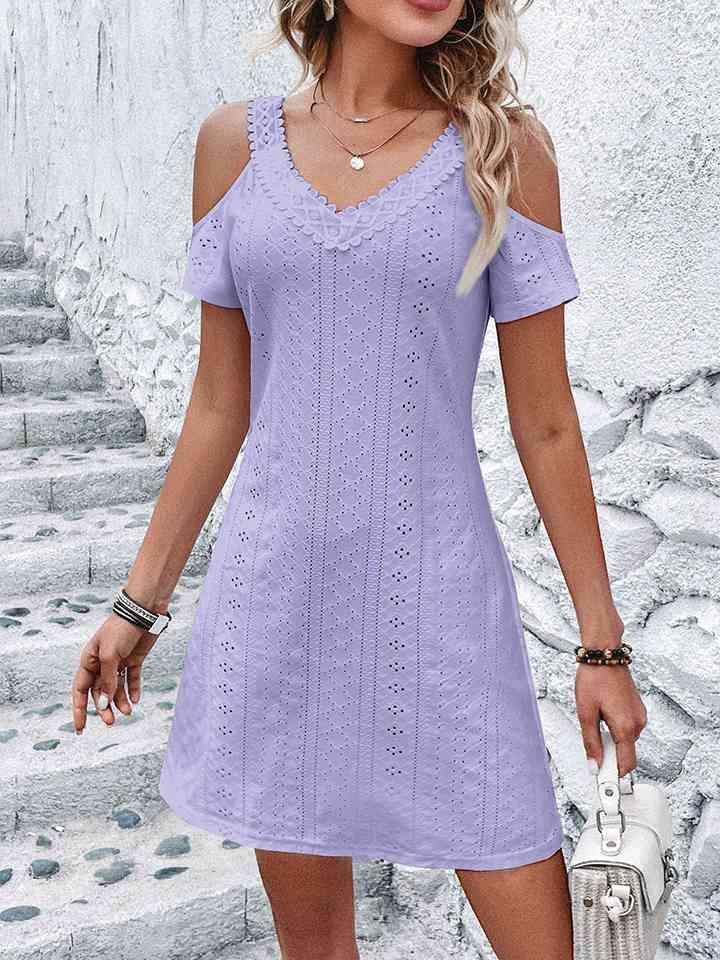 Eyelet V-Neck Cold-Shoulder Dress - Immenzive