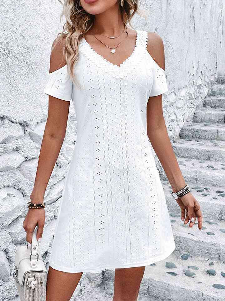 Eyelet V-Neck Cold-Shoulder Dress - Immenzive