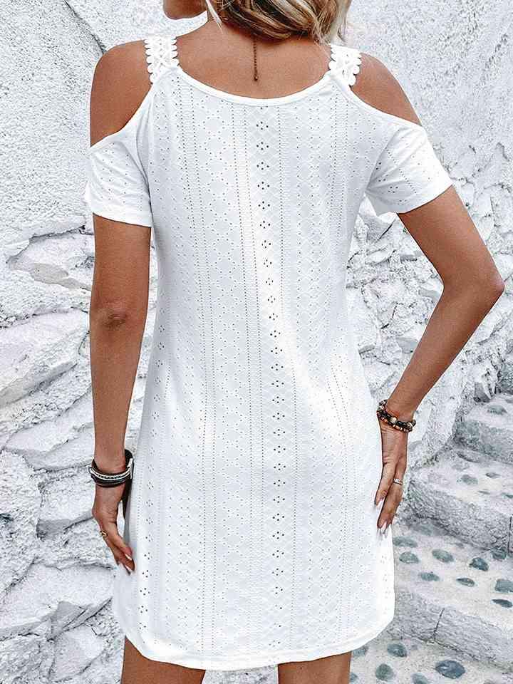 Eyelet V-Neck Cold-Shoulder Dress - Immenzive