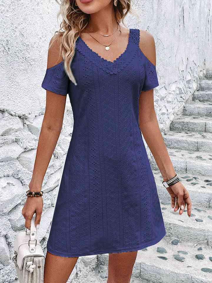 Eyelet V-Neck Cold-Shoulder Dress - Immenzive