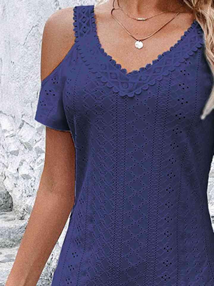 Eyelet V-Neck Cold-Shoulder Dress - Immenzive