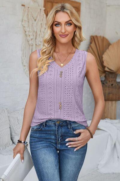 Eyelet Decorative Button V-Neck Tank - Immenzive