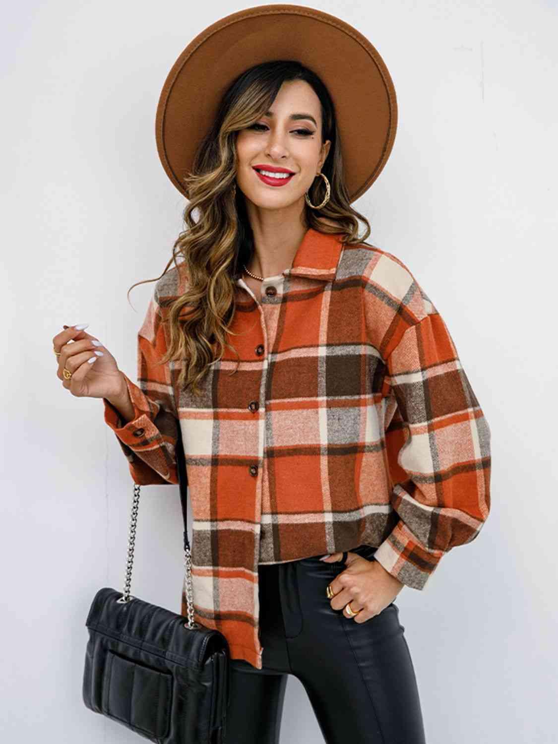 Plaid Button Up Collared Neck Jacket - Immenzive