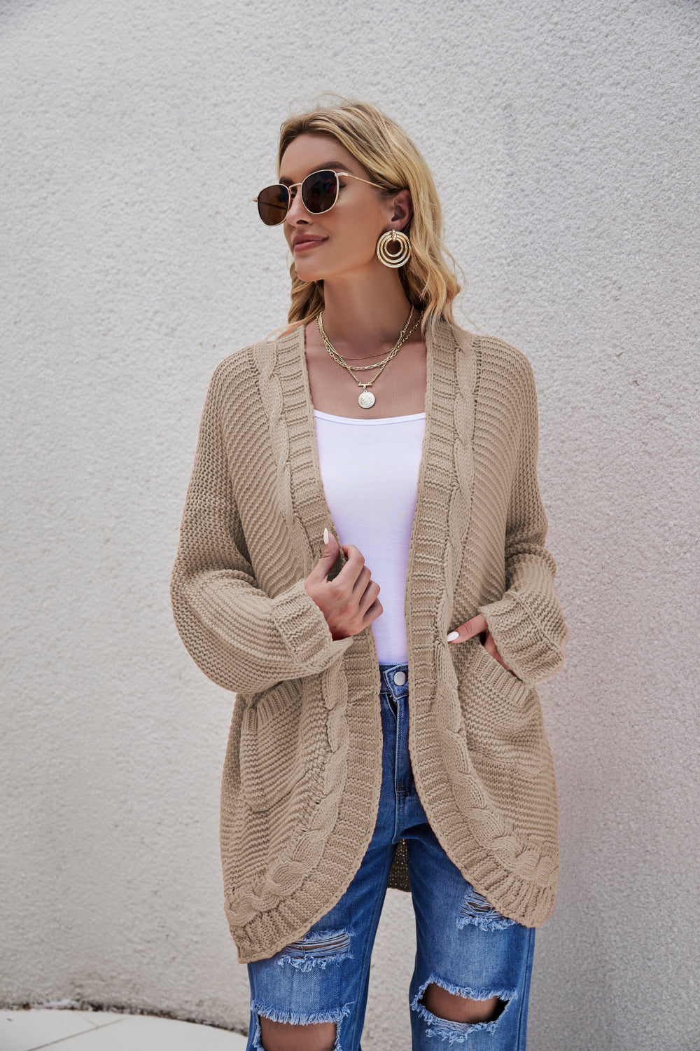 Woven Right Cable-Knit Curved Hem Open Front Cardigan