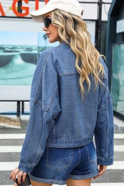 Pocketed Button Up Dropped Shoulder Denim Jacket - Immenzive