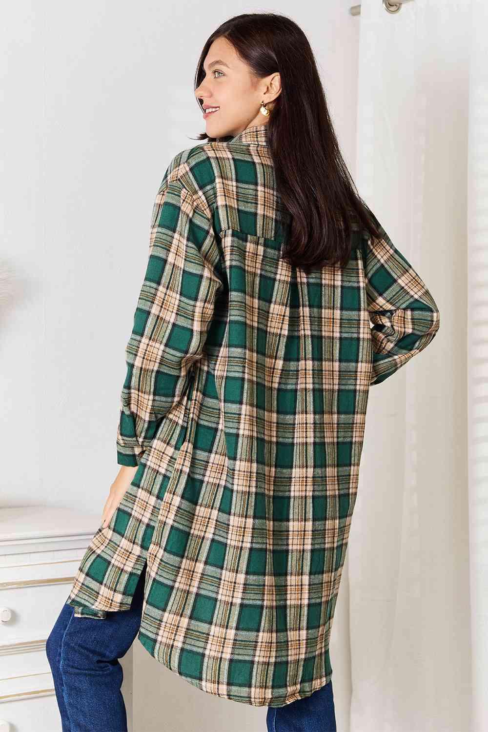 Double Take Plaid Collared Neck Long Sleeve Shirt - Immenzive