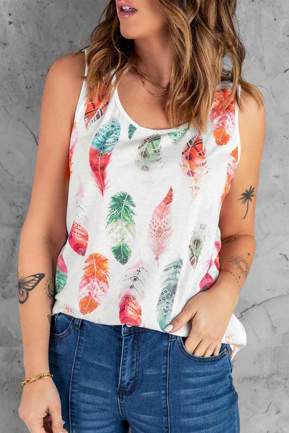 Feather Print Round Neck Tank - Immenzive
