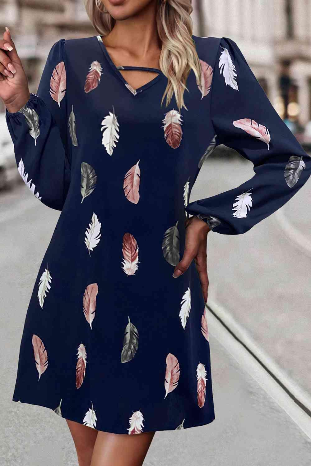Feather Print V-Neck Dress - Immenzive