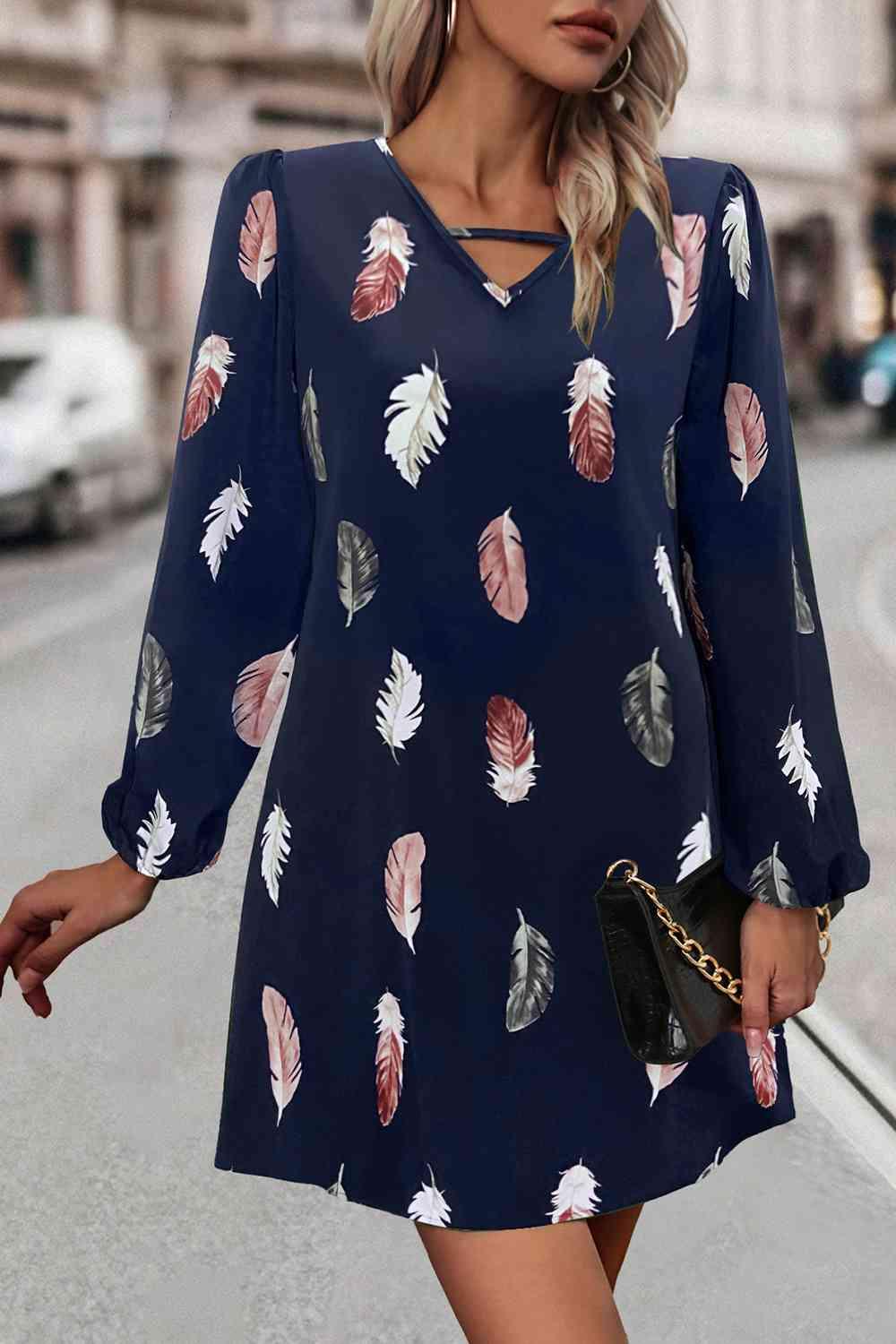 Feather Print V-Neck Dress - Immenzive