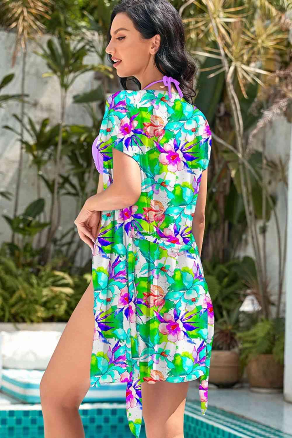 Floral Belted Dress and Halter Neck Bikini Set - Immenzive
