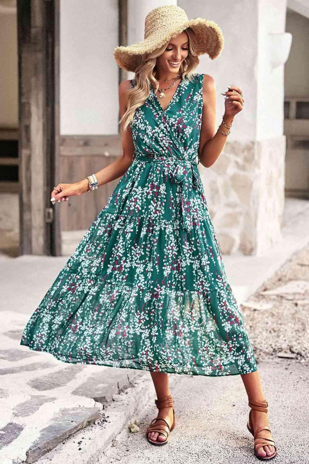 Floral Belted Surplice Sleeveless Tiered Dress - Immenzive