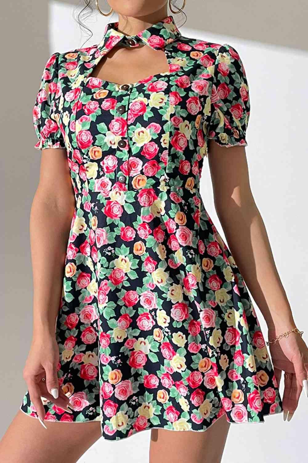 Floral Buttoned Cutout Puff Sleeve Dress - Immenzive