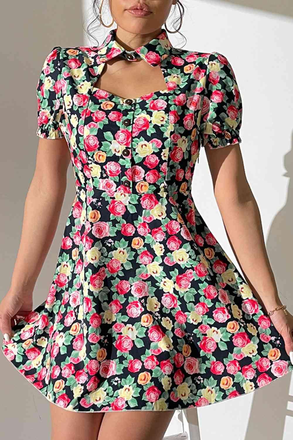 Floral Buttoned Cutout Puff Sleeve Dress - Immenzive