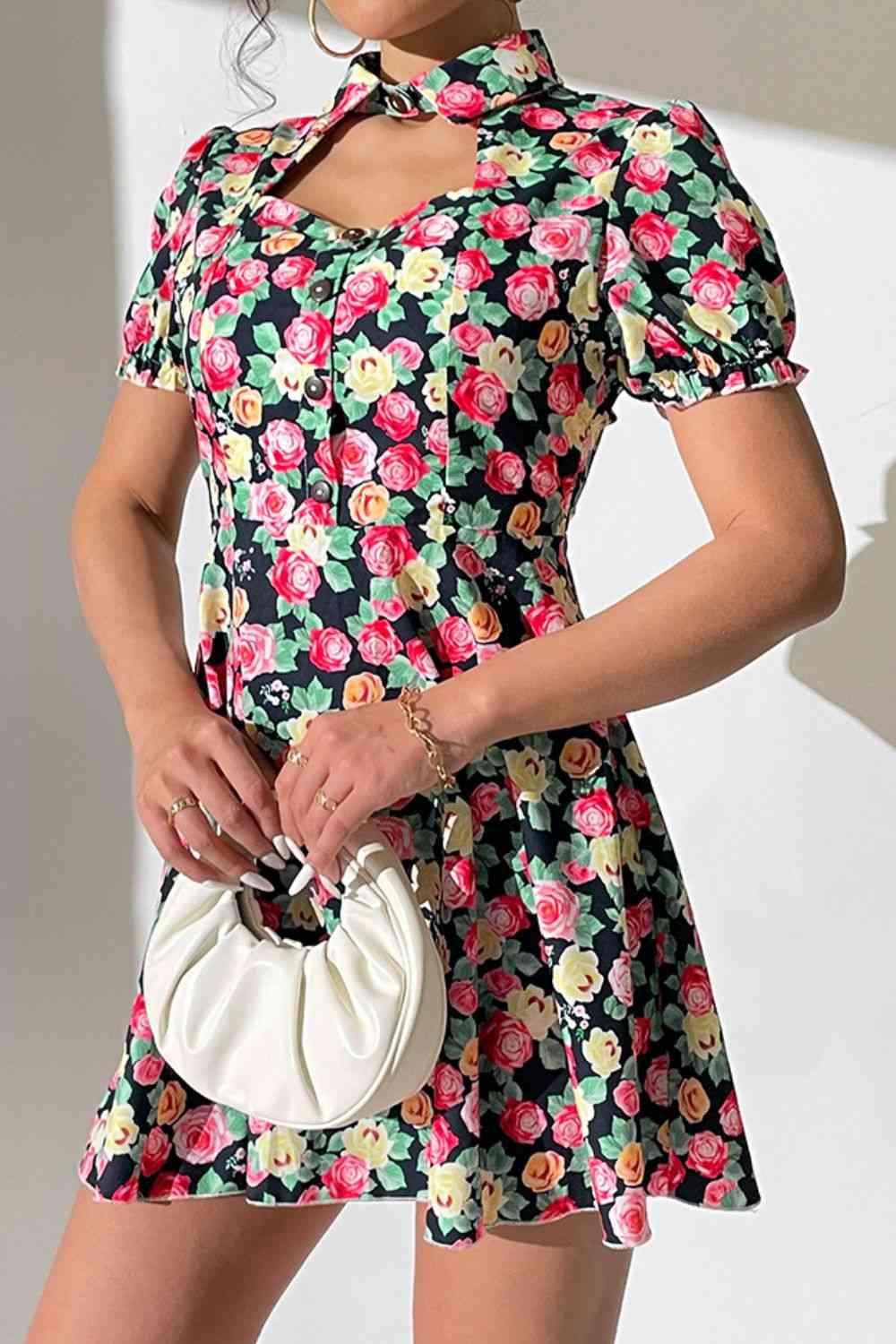 Floral Buttoned Cutout Puff Sleeve Dress - Immenzive