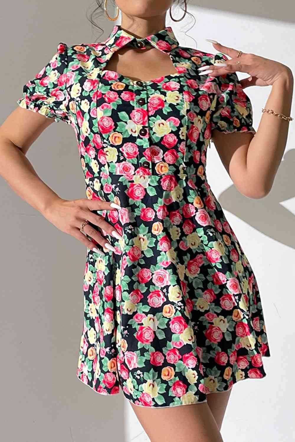 Floral Buttoned Cutout Puff Sleeve Dress - Immenzive