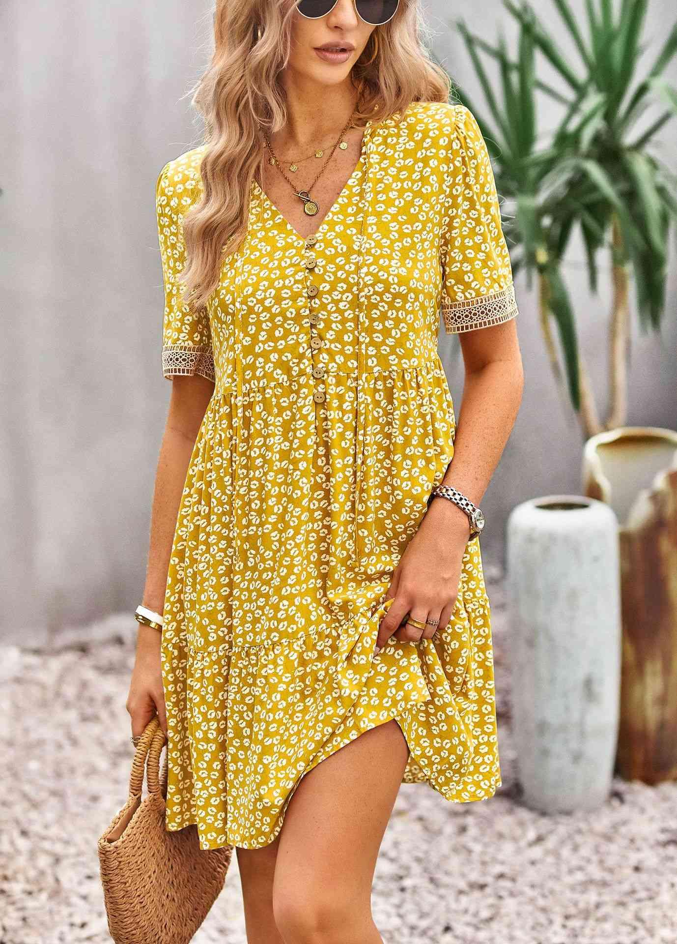 Floral Buttoned Puff Sleeve Dress - Immenzive