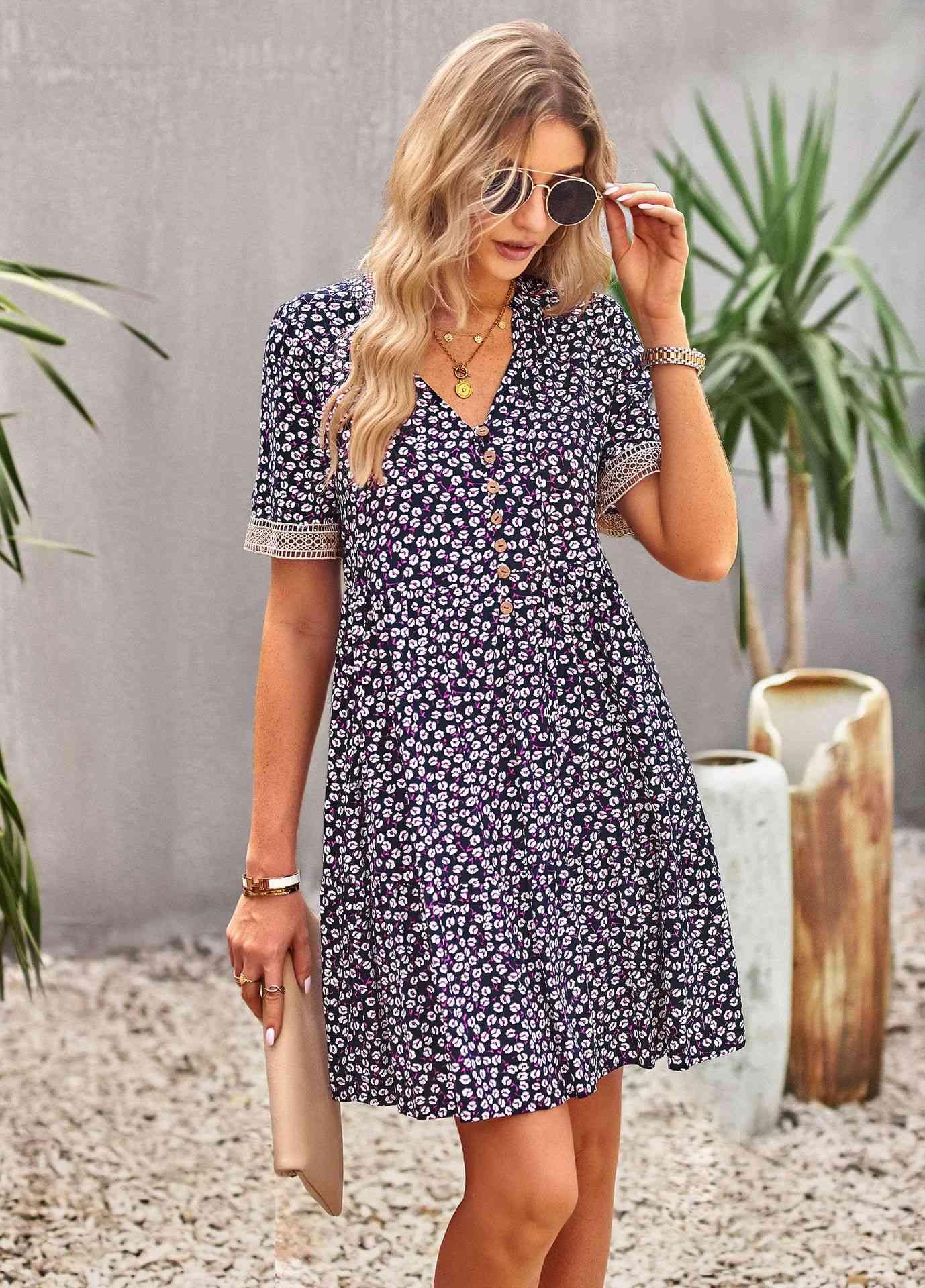 Floral Buttoned Puff Sleeve Dress - Immenzive
