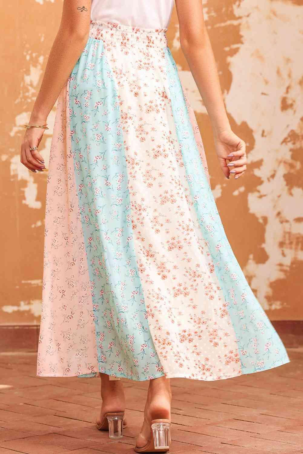 Floral Color Block Smocked Waist Maxi Skirt - Immenzive