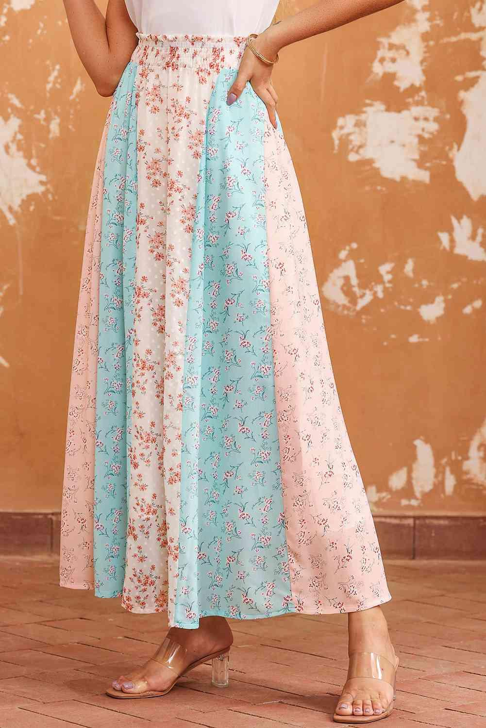 Floral Color Block Smocked Waist Maxi Skirt - Immenzive