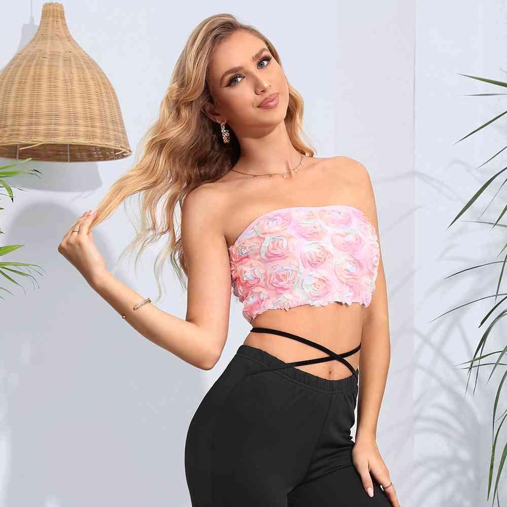 Floral Detail Cropped Tube Top - Immenzive