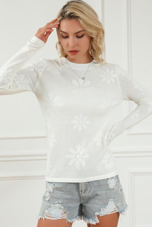 Floral Eyelet Round Neck Long Sleeve Knit Top - Immenzive