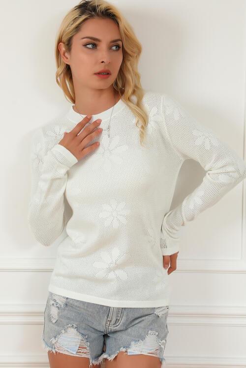 Floral Eyelet Round Neck Long Sleeve Knit Top - Immenzive
