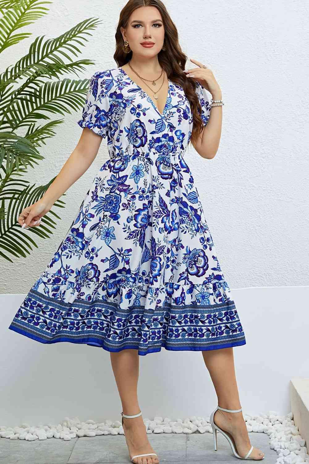 Floral Flounce Sleeve Surplice Dress - Immenzive