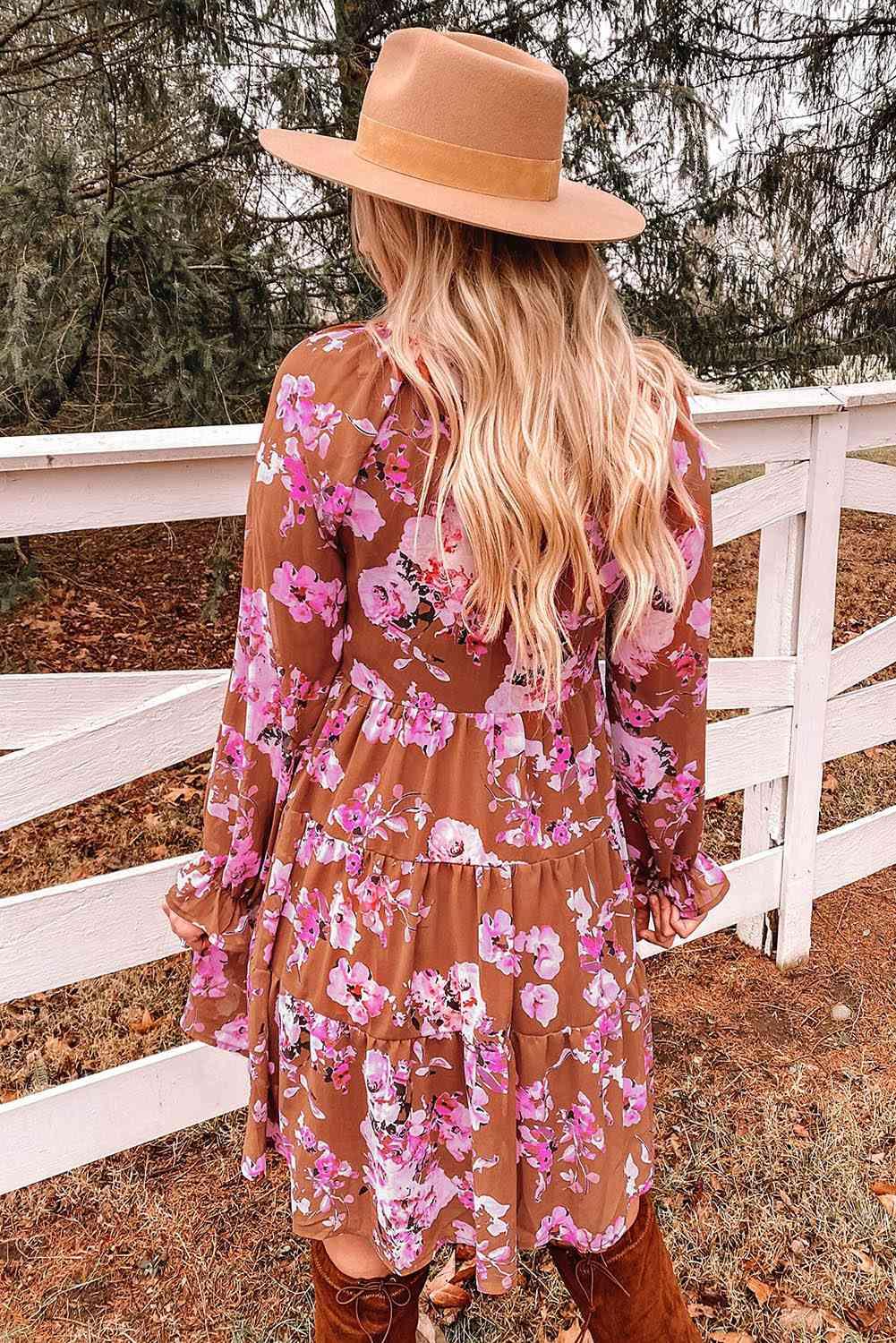 Floral Flounce Sleeve Tiered Dress - Immenzive