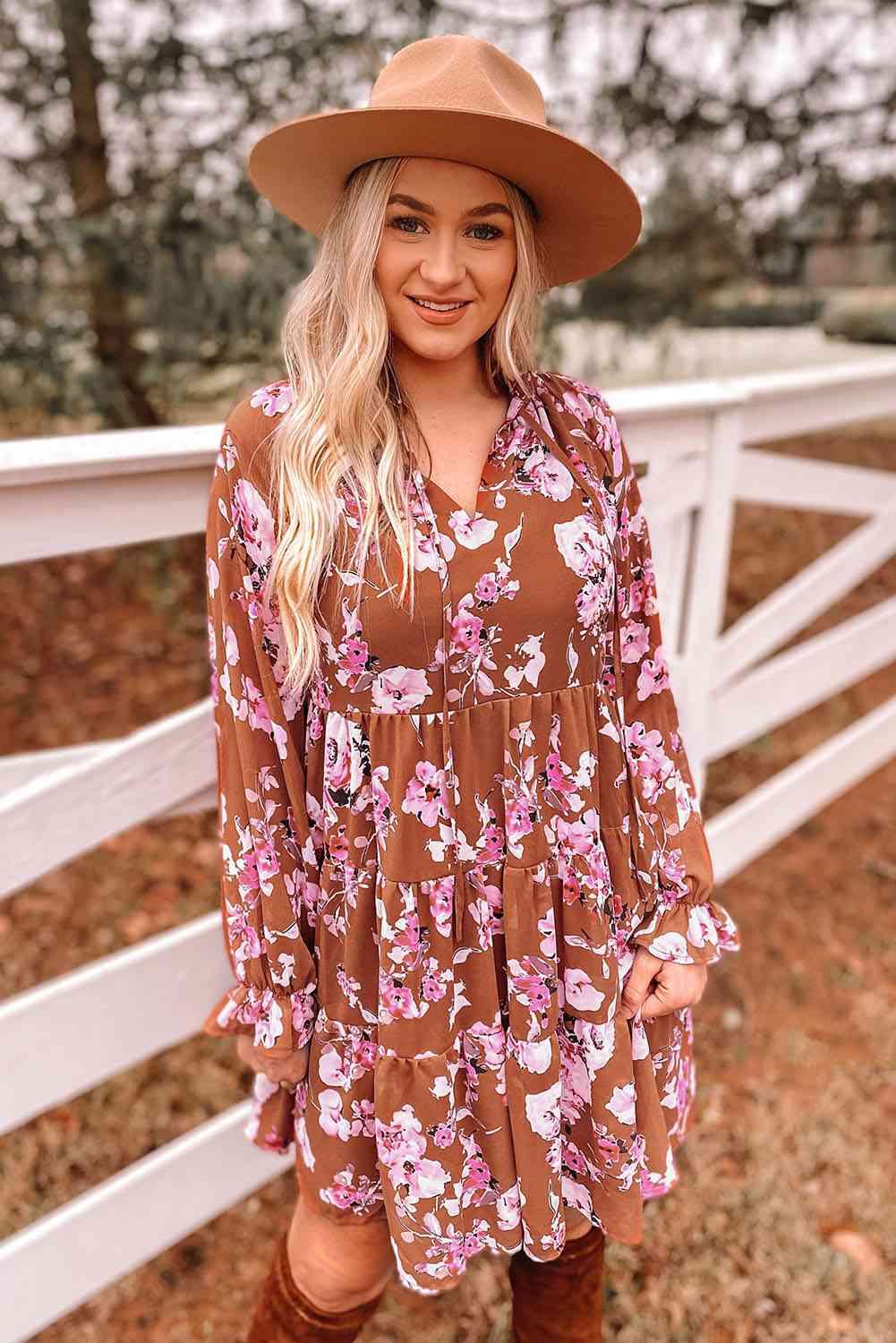 Floral Flounce Sleeve Tiered Dress - Immenzive