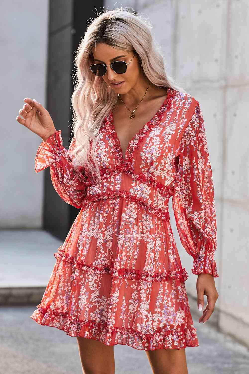 Floral Frill Trim Plunge Flounce Sleeve Dress - Immenzive