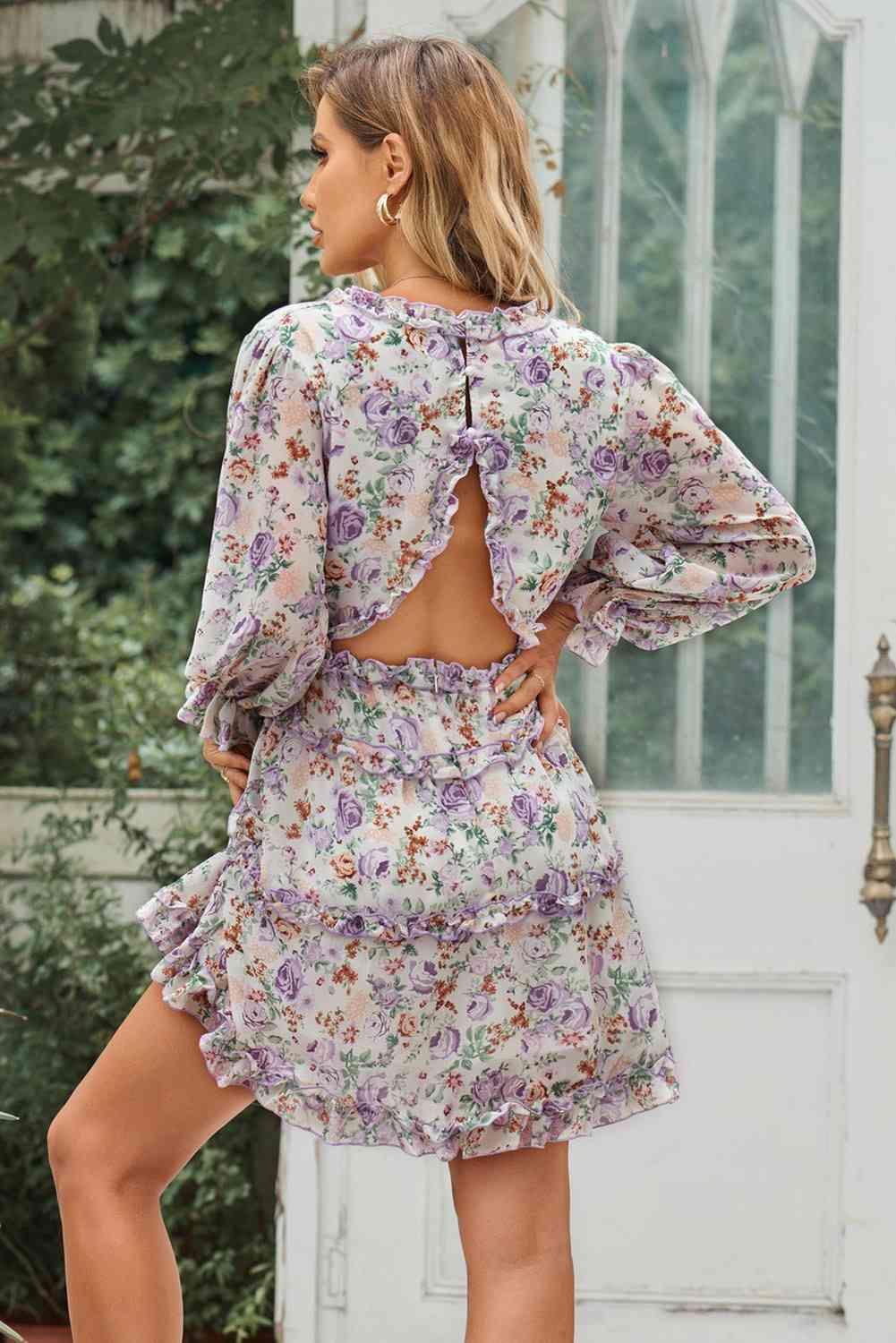 Floral Frill Trim Plunge Flounce Sleeve Dress - Immenzive