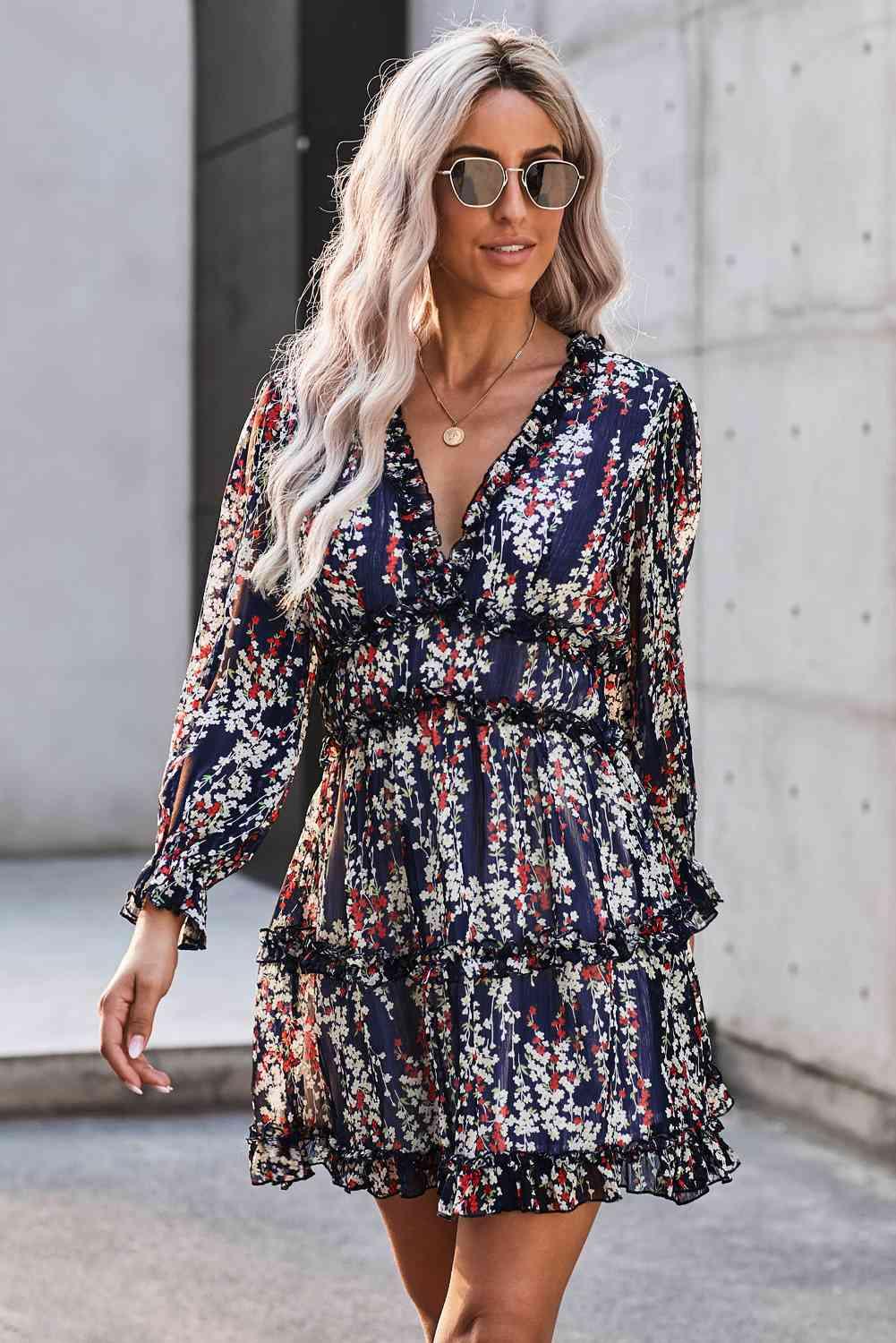 Floral Frill Trim Plunge Flounce Sleeve Dress - Immenzive