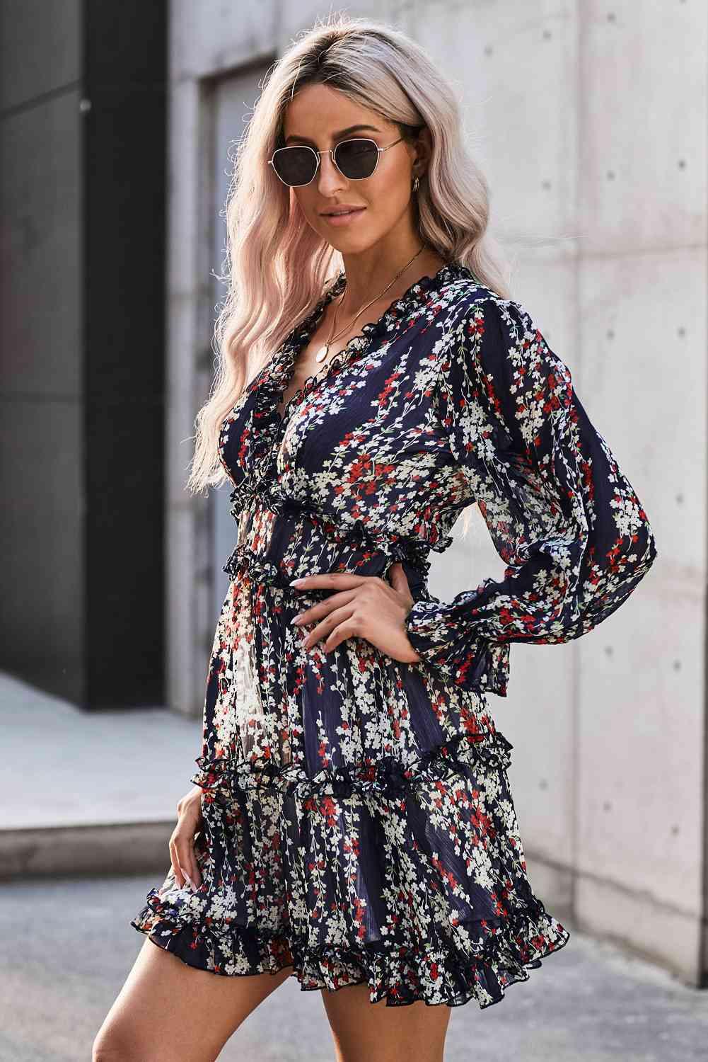 Floral Frill Trim Plunge Flounce Sleeve Dress - Immenzive