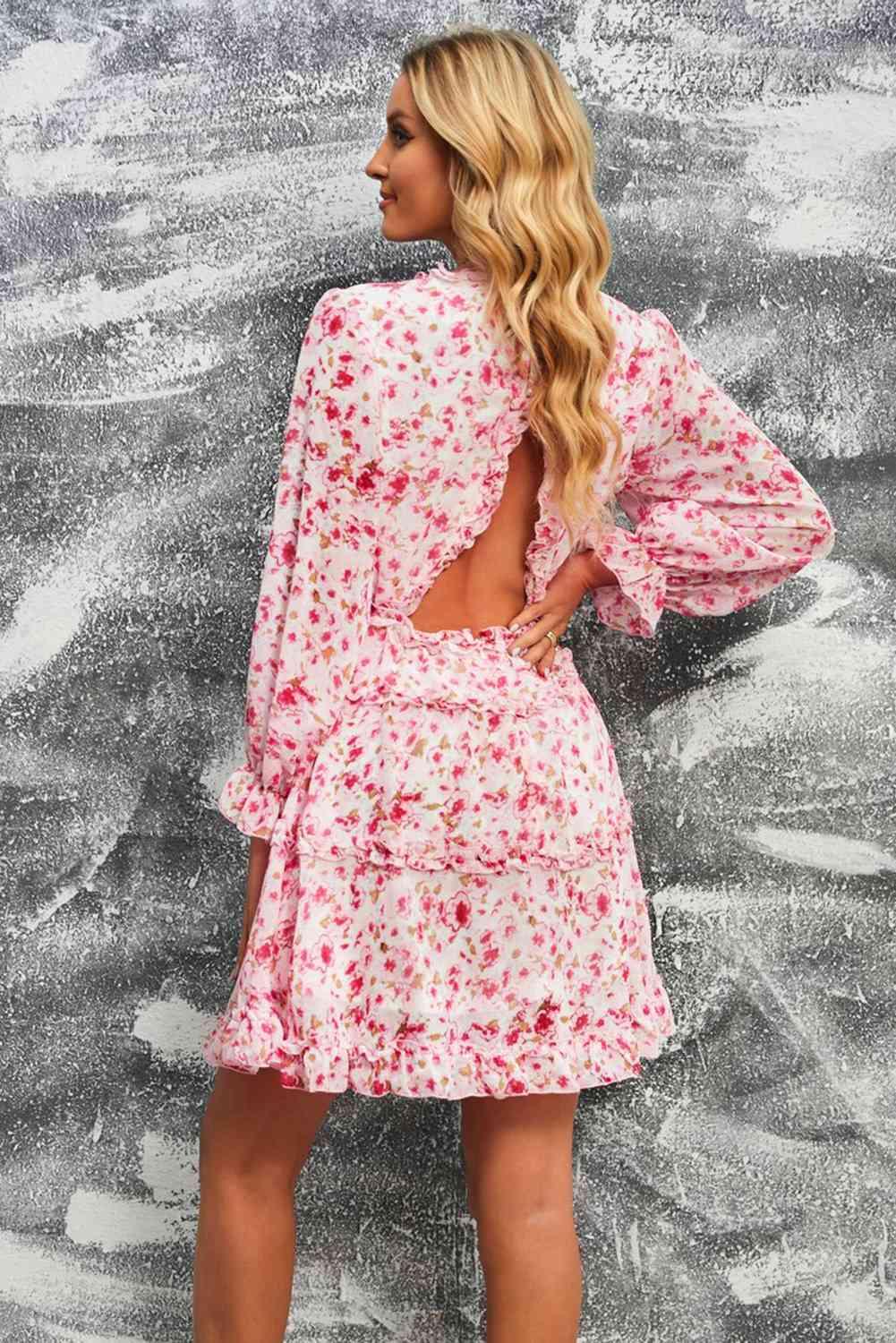 Floral Frill Trim Plunge Flounce Sleeve Dress - Immenzive