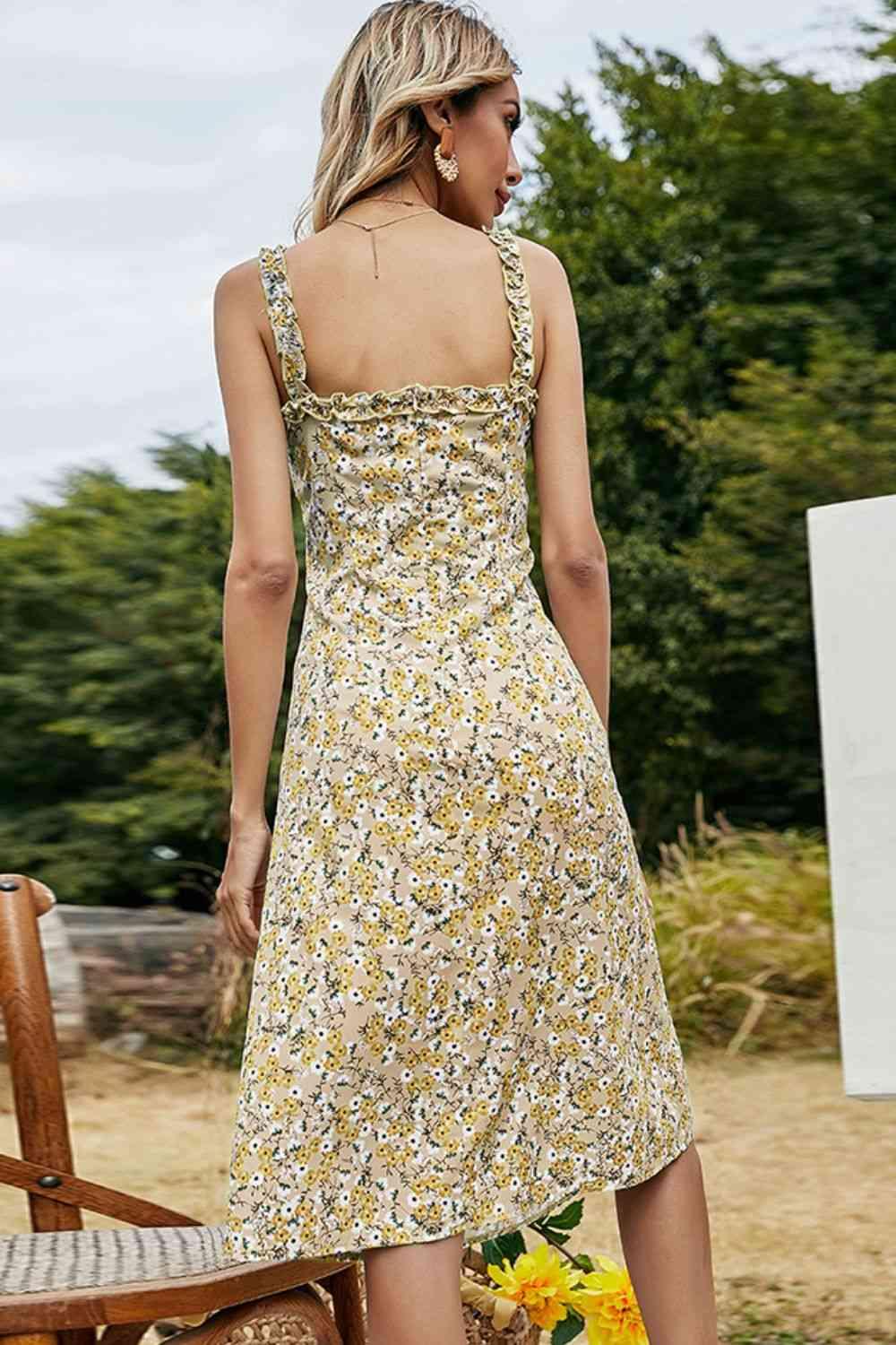Floral Frill Trim Sleeveless Dress - Immenzive
