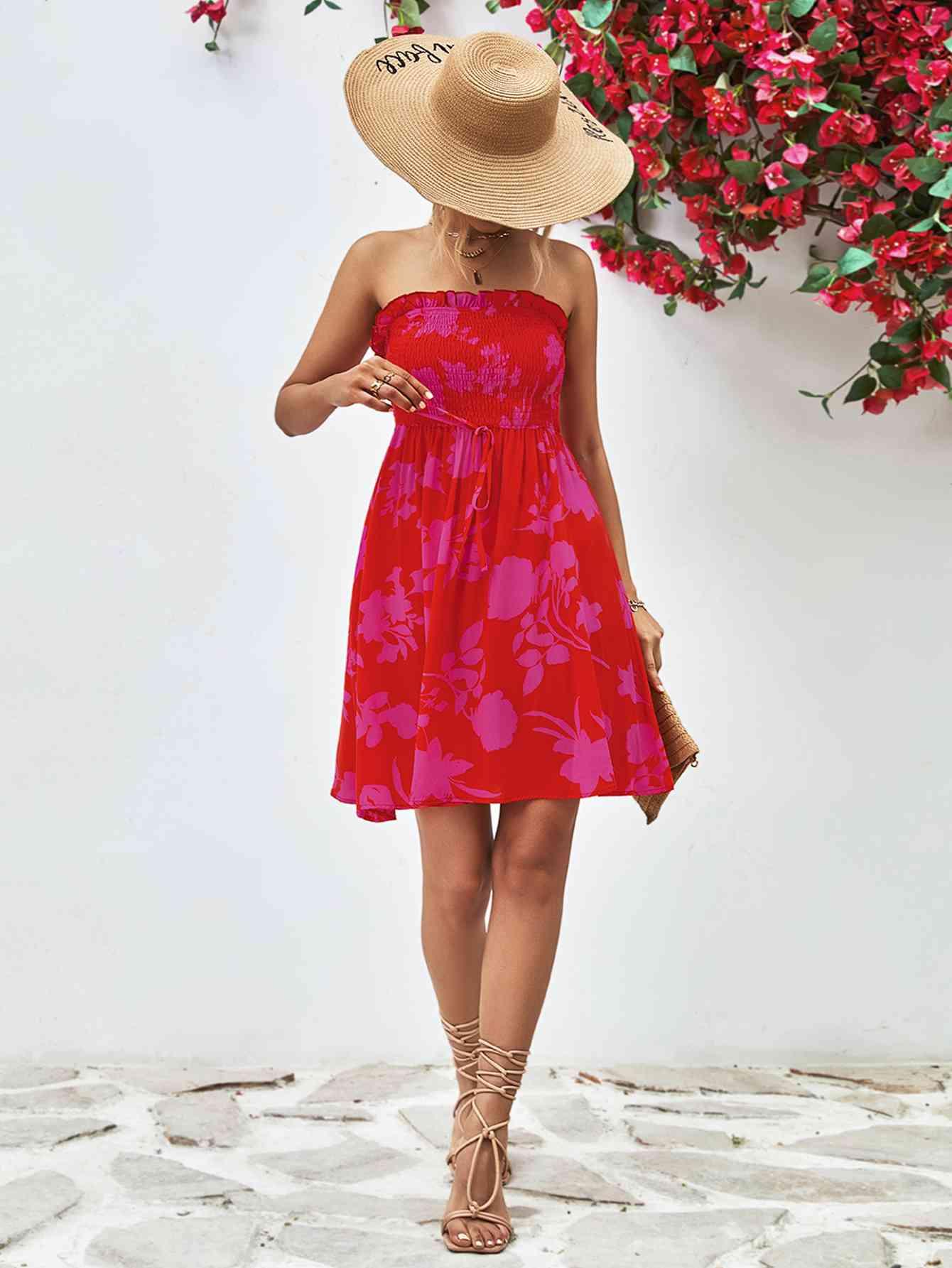 Floral Frill Trim Strapless Smocked Dress - Immenzive