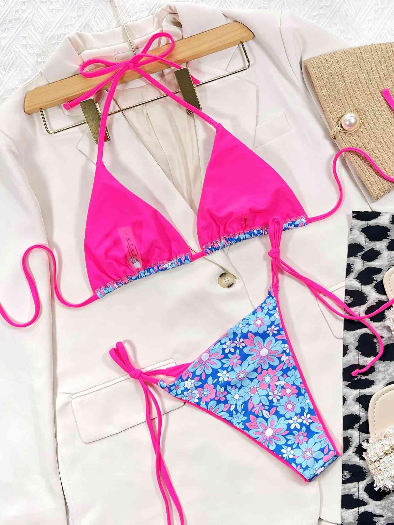 Floral Halter Neck Tie Side Bikini Set - Immenzive